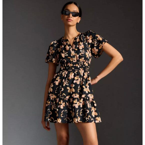 ANTHROPOLOGIE Somerset Mini Dress Cotton Black Mod Floral Sz 1X $158 {3V7} - Picture 1 of 5